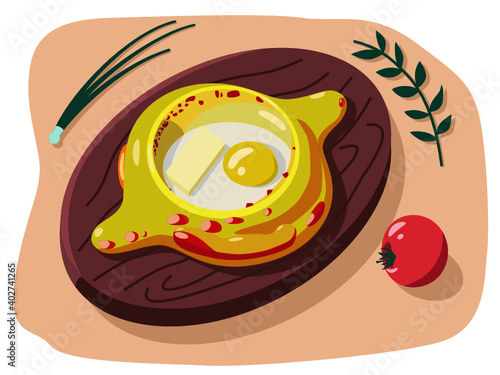 Delicious Georgian khachapuri with egg and cheese decorated with tomatoes and herbs