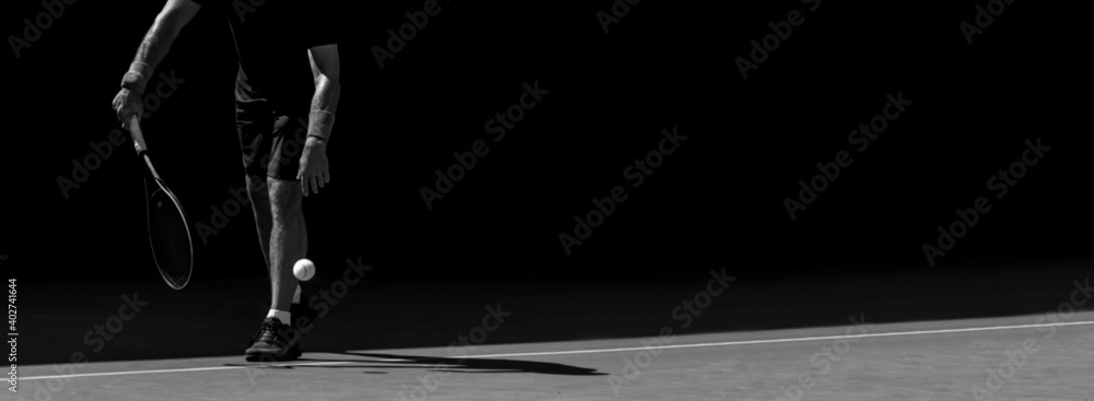 Male tennis player in action on the court on a sunny day. Black and white - obrazy, fototapety, plakaty 