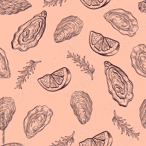 Oysters shells food sea vector seamless pattern on pink background. Concept for menu, cards, wallpaper