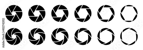 Shutter icon of photo camera. Vector graphic symbol of optical lens. Black zoom aperture element. 