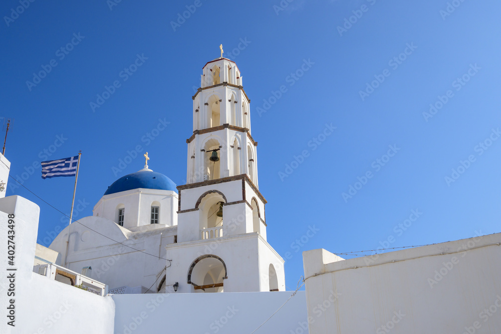 Church in Pyrgos, the most picturesque village of Santorini. Cyclades Islands, Greece