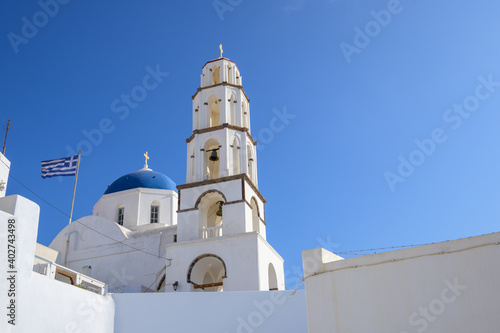 Church in Pyrgos, the most picturesque village of Santorini. Cyclades Islands, Greece