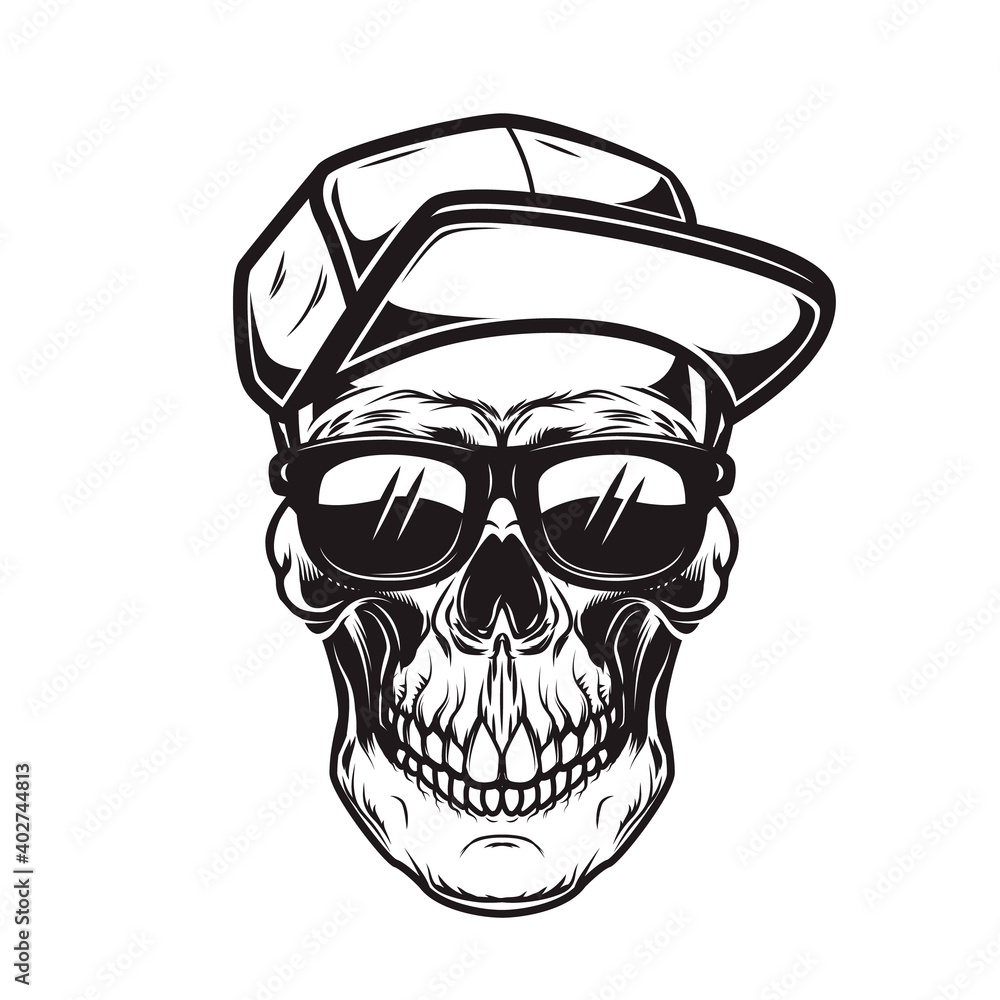Illustration of skull in baseball cap in monochrome style. Design element for logo, emblem, sign, poster, card, banner. Illustration of skull in baseball cap in monochrome style. Design element for logo, emblem, sign, poster, card, banner.