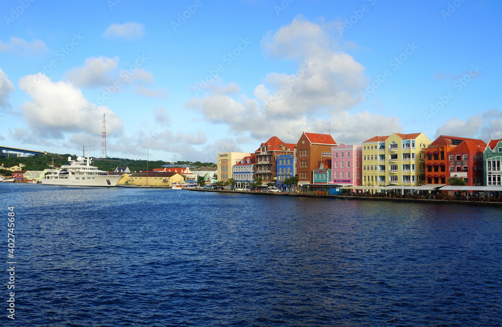 The view of the colorful buildings along the St Anna Bay during the day near Willemstad, Curacao 