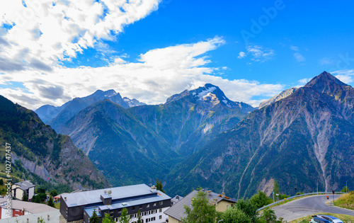 View on ski station Les deux Alpes and Alpine mountains peaks in summer  Isere  France