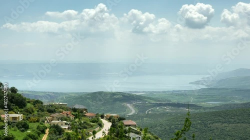 Panorama of the Upper Galilee from the tops of the hills surrounding Lake Kinneret or the Tiberias Sea or Sea of Galilee. 4K