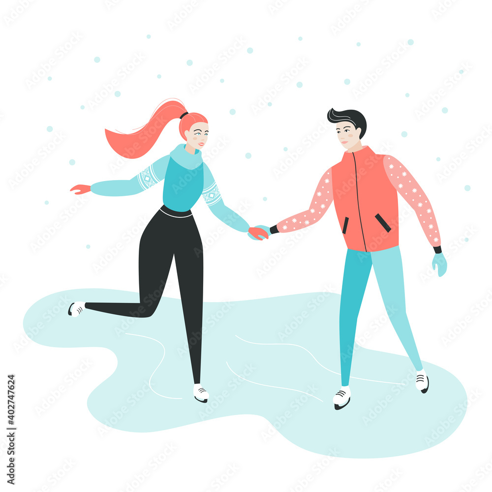 Winter time. Couple skating on ice. Happy people walking and performing outdoor activities. People having fun and winter activities. Winter mood flat concept. Vector illustration. 