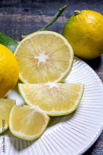 Fresh ripe bergamot orange fruits, fragrant citrus used in earl grey tea, medicine and spa treatments