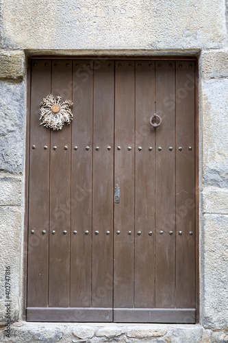 Puerta de masia de Beget, madera con flor de Carlina acaulis. photo