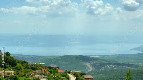 Panorama of the Upper Galilee from the tops of the hills surrounding Lake Kinneret or the Tiberias Sea or Sea of Galilee. 4K