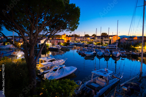 Travel and vacation destination, view on houses, roofs, canals and boats in Port Grimaud, Var, Provence, French Riviera, France