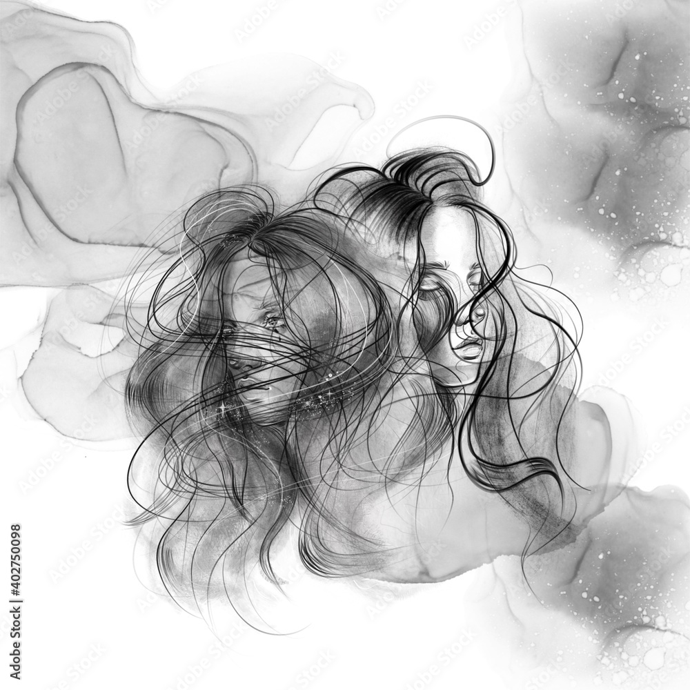 Fototapeta premium portrait of two girls; twins with developing hair; wind; digital painting; beautiful face