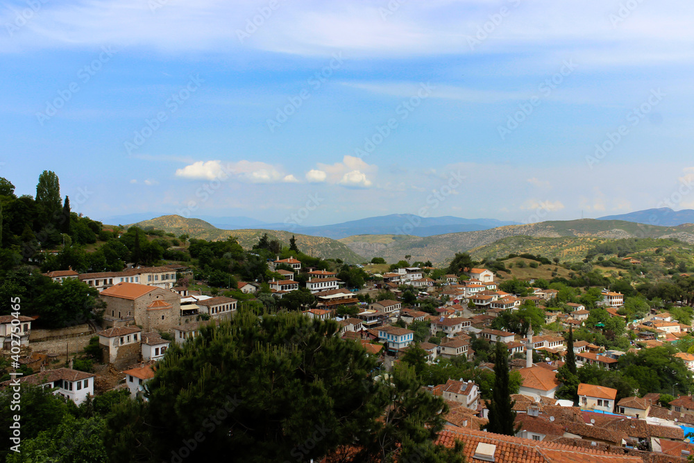Scenic view of historic village of Sirince, İzmir, Turkey. Old houses in famous Aegean village.