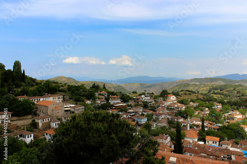 Scenic view of historic village of Sirince, İzmir, Turkey. Old houses in famous Aegean village.