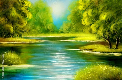 Paintings rural landscape with river. Fine art  masterpieces paintings