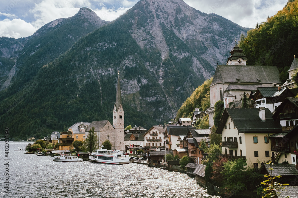 Hallstatt village famous viewpoint on a cloudy day during autumn
