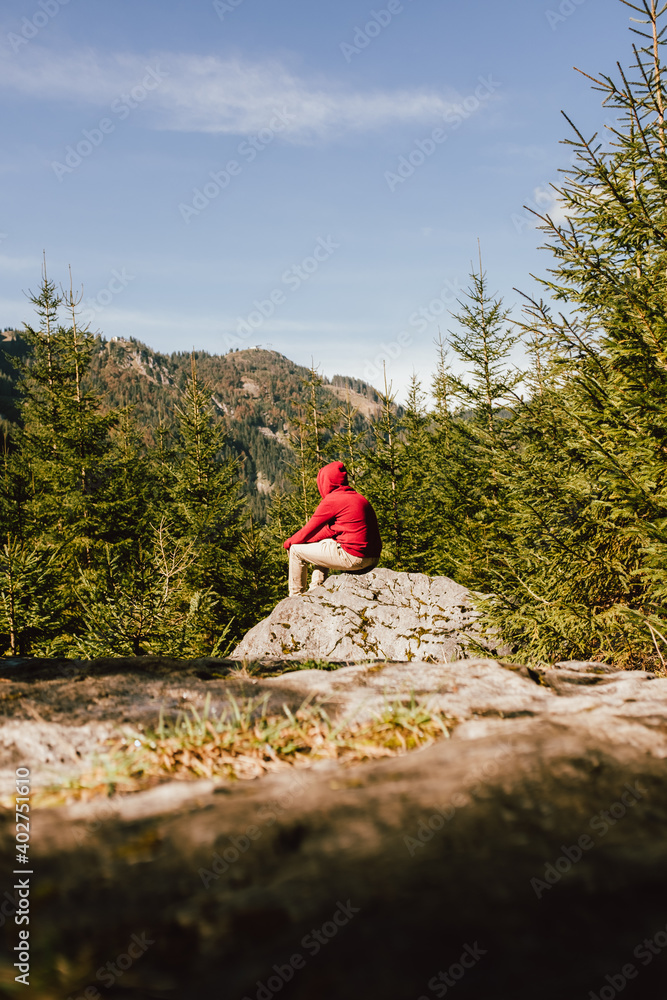 Man with a red hoodie sitting alone on a rock in a park surrounded by trees