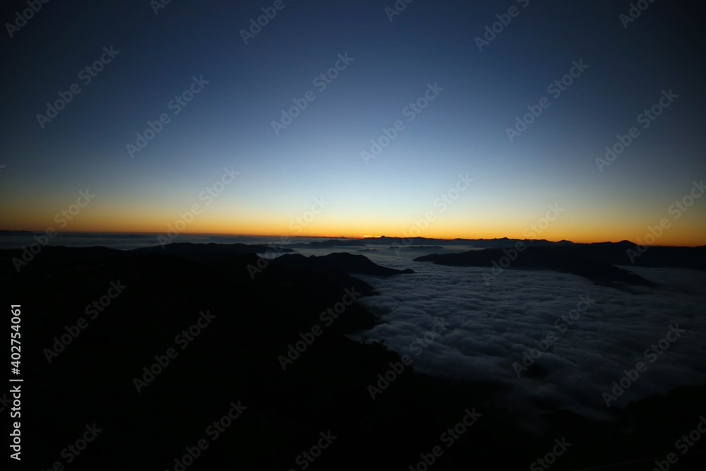 Aerial Shot from Mirador 4 Palos, Pinal de Amoles, Querétaro, México, view of mountains, sunset