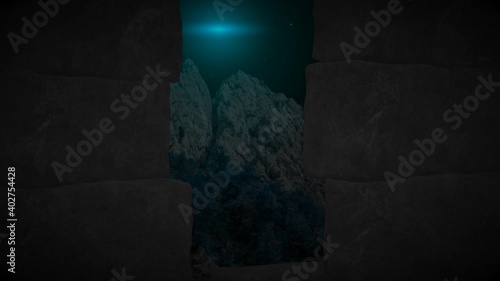Mysterious blue light passes in the distant night nsky photo