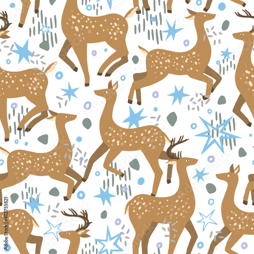 Cute dappled deer flat hand drawn vector seamless pattern. Colorful wallpaper in scandinavian style. Abstract forest animal background. Beautiful design for prints  wrap  textile  fabric  decor  card.