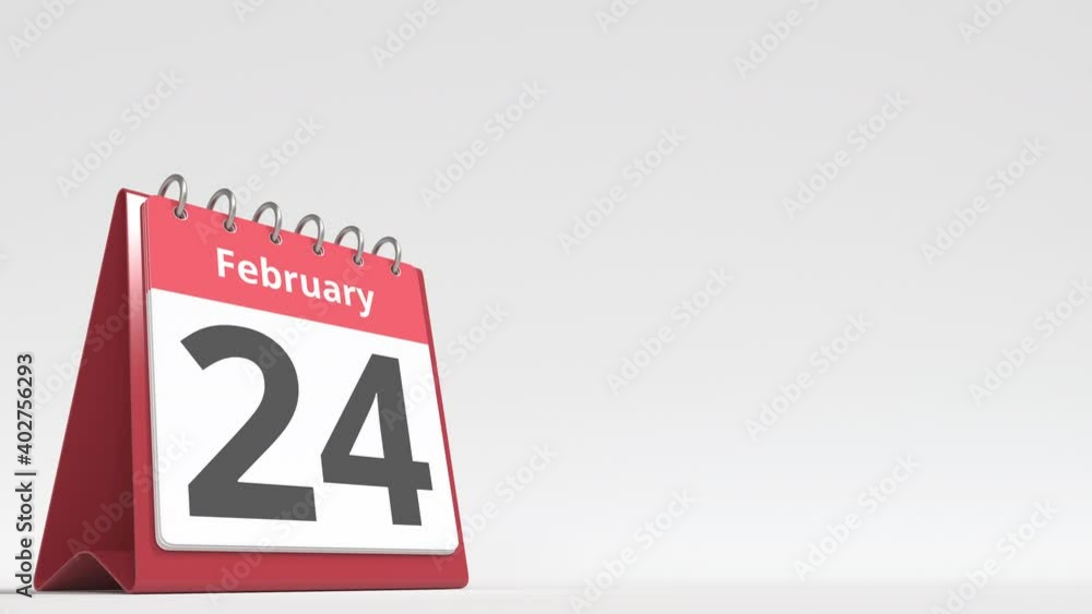 February 24 date on the flip desk calendar page, blank space for user text, 3d animation February 24 date on the flip desk calendar page, blank space for user text, 3d animation
