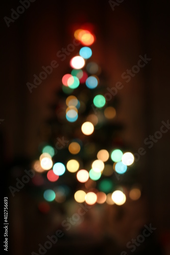 Christmas tree out of focus. the colored circles
