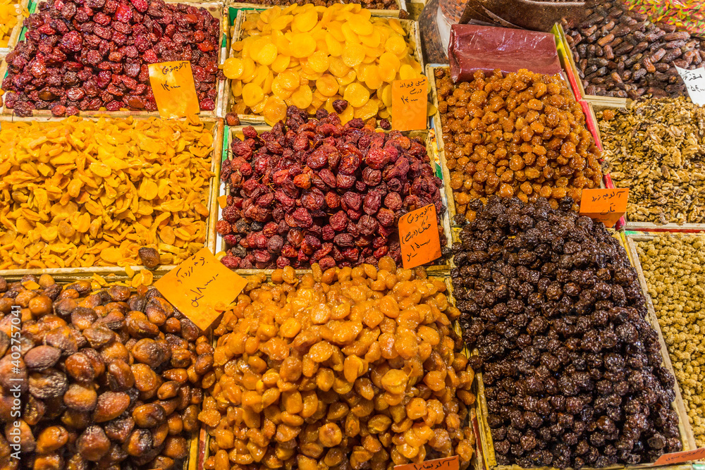 Dried fruit for sale at the bazaar (market) in Ardabil, Iran