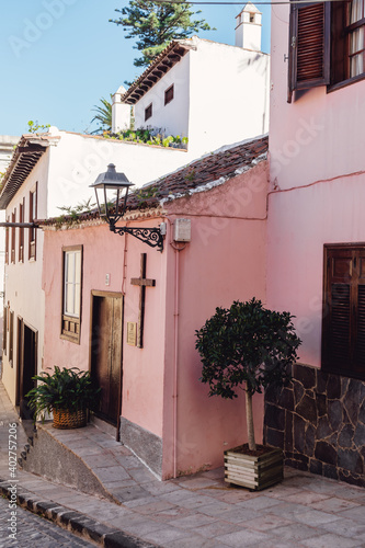 Spain. Canary. Summer cityscape on tropical island Tenerife. Street of old town La Orotava.