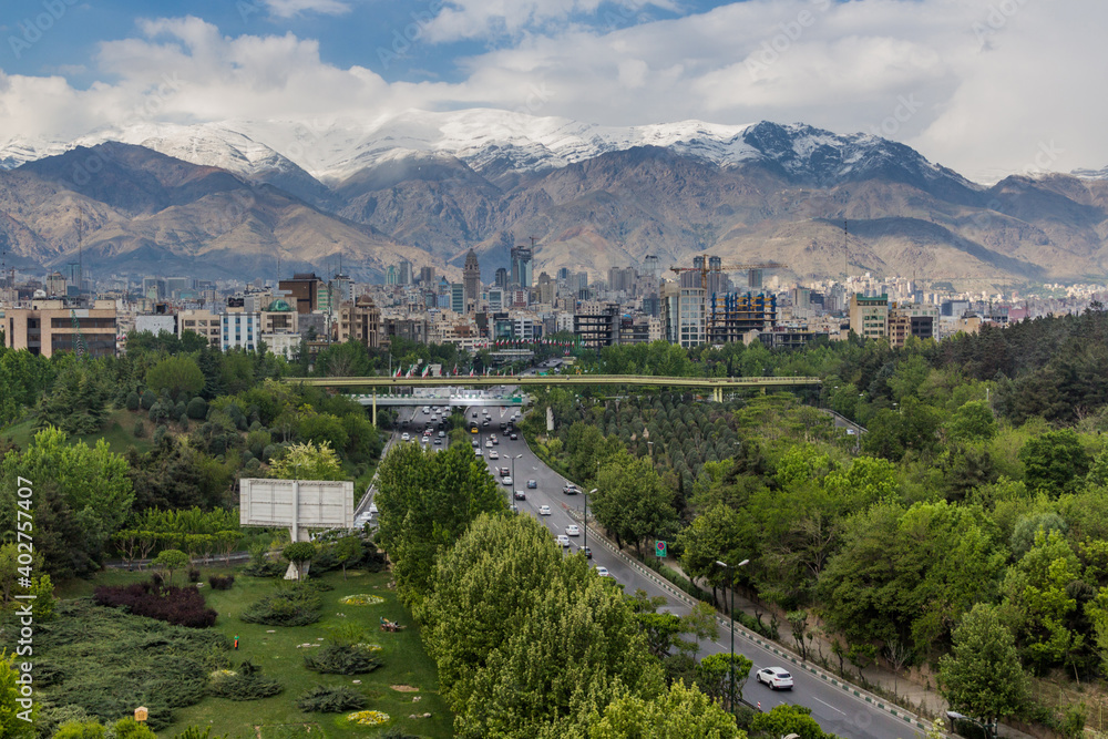 View of Modares highway and Alborz mountain range in Tehran, Iran