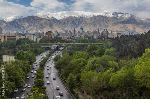 View of Modares highway and Alborz mountain range in Tehran, Iran