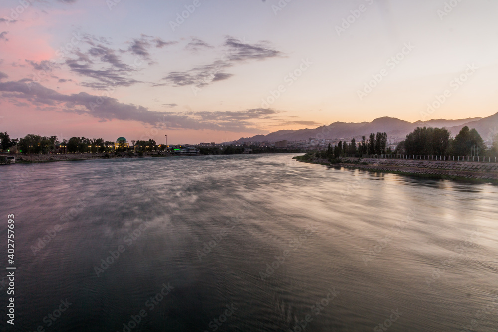 Sunset at Syr Darya river in Khujand, Tajikistan