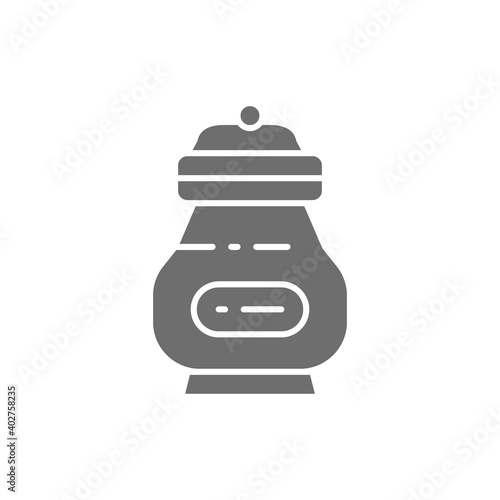 Cremation vessel with people ashes, funeral urn gray icon.