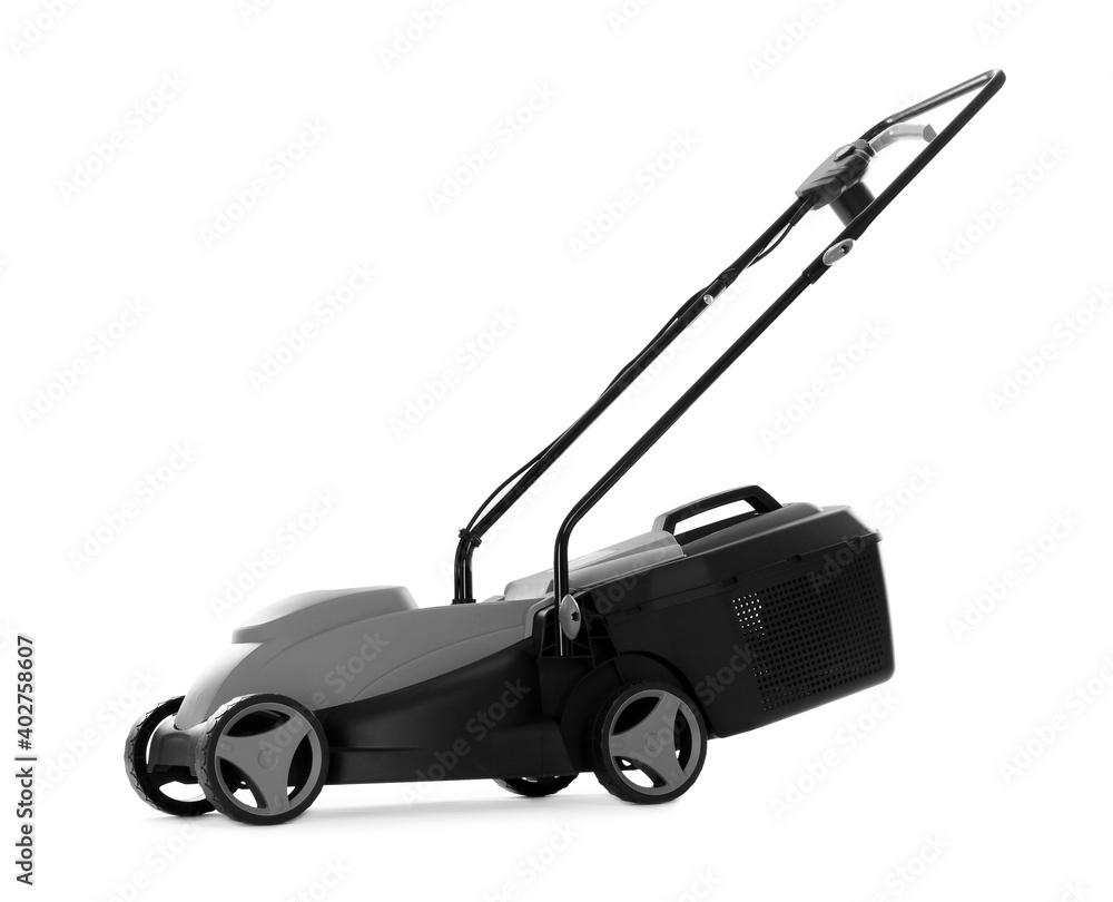 Modern lawn mower isolated on white. Garden tool Modern lawn mower isolated on white. Garden tool
