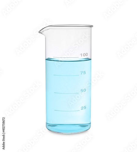 Beaker with light blue liquid isolated on white