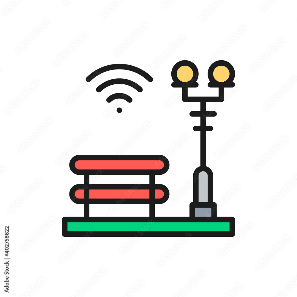 Bench with a lantern, Wi-Fi zone, smart park flat color line icon. Bench with a lantern, Wi-Fi zone, smart park flat color line icon.