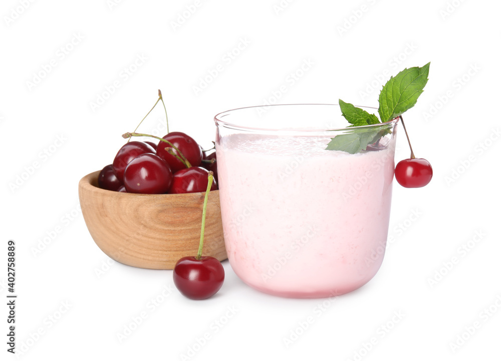 Tasty fresh milk shake with cherries on white background Tasty fresh milk shake with cherries on white background