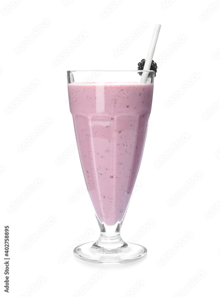 Tasty fresh milk shake with blackberry isolated on white Tasty fresh milk shake with blackberry isolated on white
