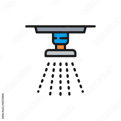 Vector sprinkler, fire system, extinguisher flat color line icon.
