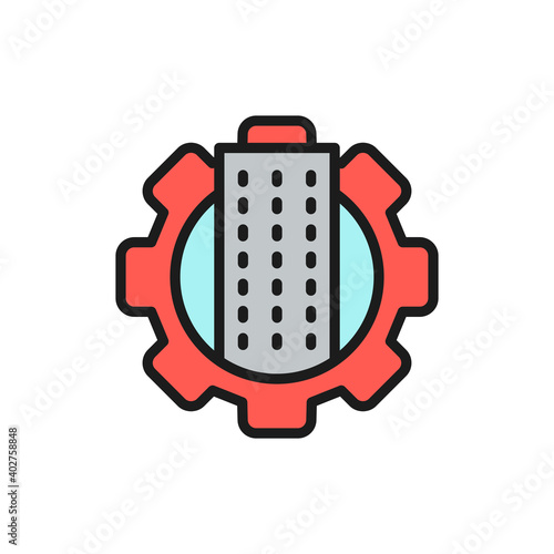 Technology city, building with gear wheel, town department flat color line icon