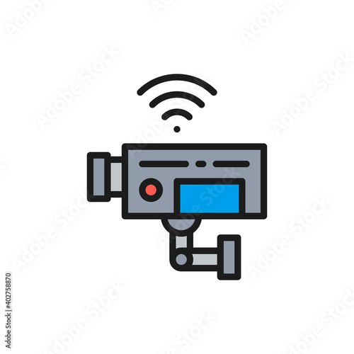 Vector security camera, surveillance, CCTV flat color line icon.