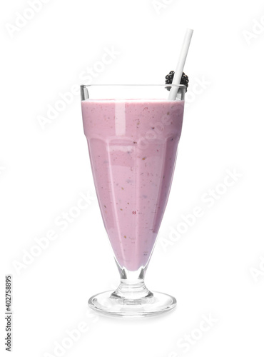 Tasty fresh milk shake with blackberry isolated on white