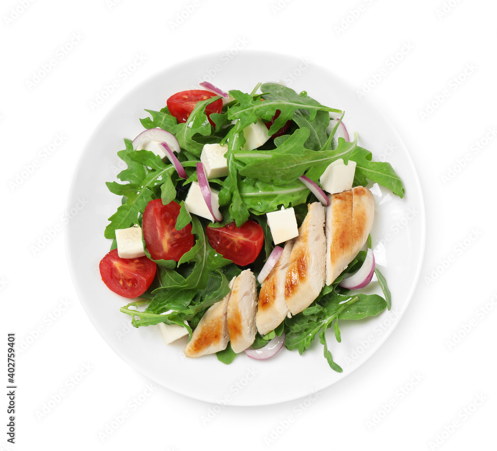 Delicious salad with meat, arugula and vegetables isolated on white, top view Delicious salad with meat, arugula and vegetables isolated on white, top view
