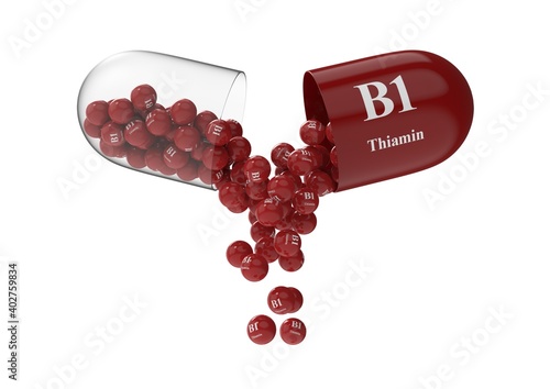 Tableau sur toile Open capsule with b1 thiamin from which the vitamin composition is poured