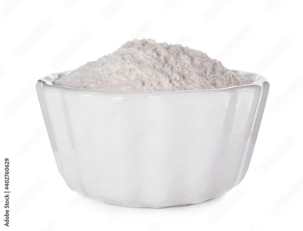 Organic flour in ceramic bowl isolated on white. Organic flour in ceramic bowl isolated on white.