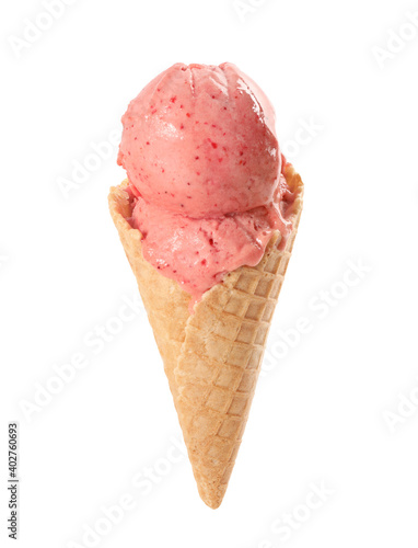Delicious pink ice cream in waffle cone isolated on white