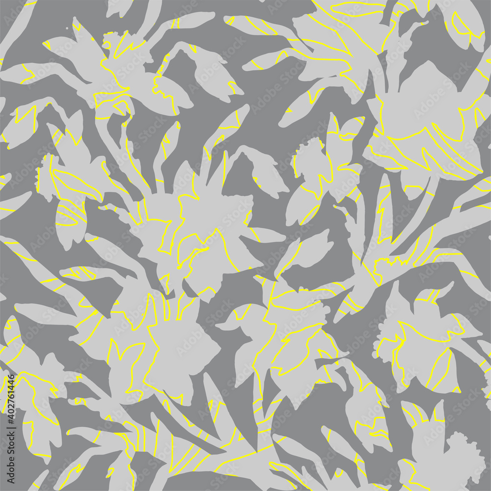 Textured grey silhouettes of Daffodils flowers, buds, stems and leaves on Ultimate Gray background. Floral seamless pattern with narcissus for textile, wallpaper, bedding.