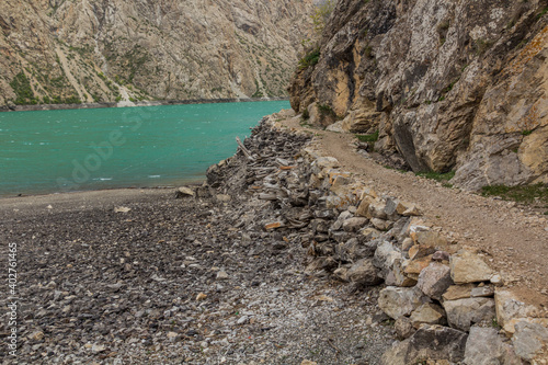 Path by Hazor Chasma lake in Marguzor (Haft Kul) in Fann mountains, Tajikistan photo