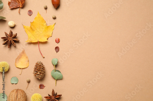 Flat lay composition with autumn leaves on beige background, space for text © New Africa
