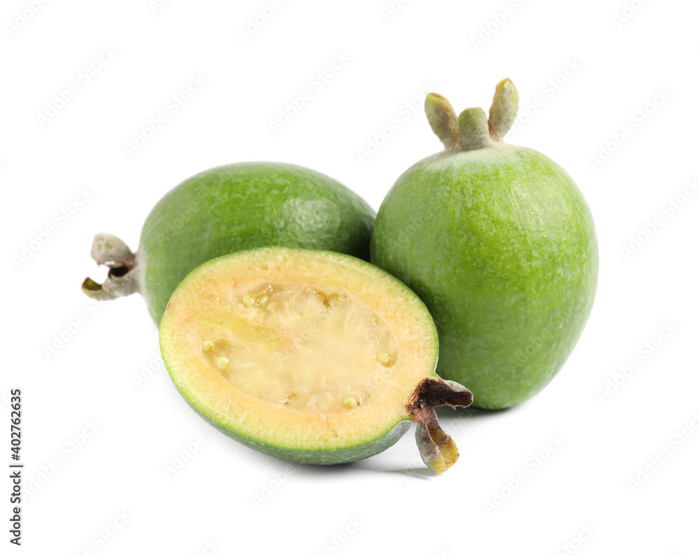 Whole and cut feijoa fruits on white background Whole and cut feijoa fruits on white background
