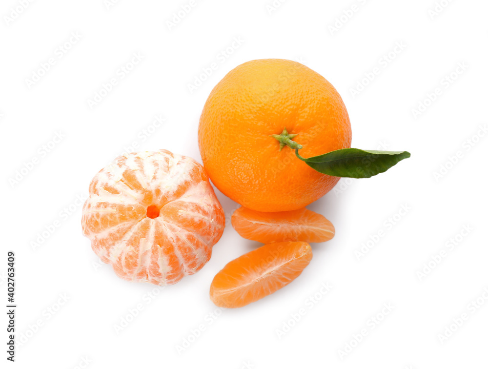 Fresh tangerines with green leaf on white background, top view Fresh tangerines with green leaf on white background, top view